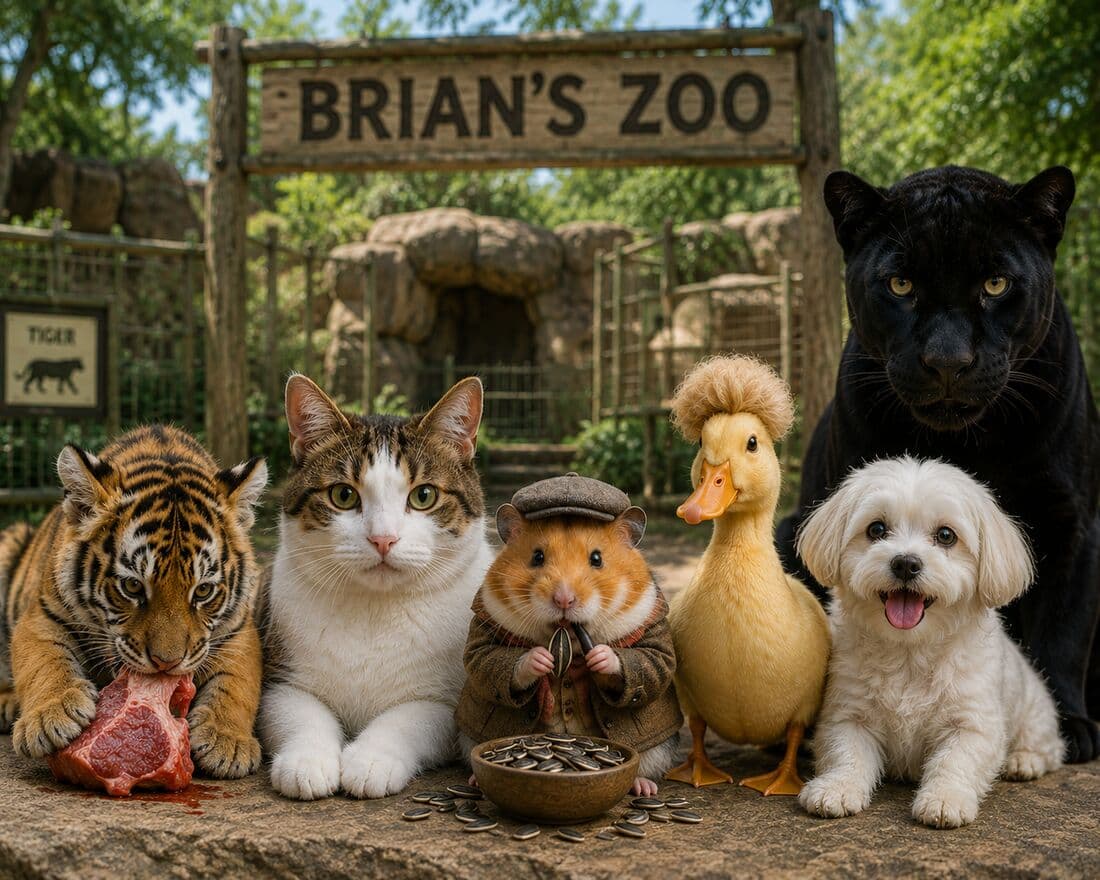 Un zoo generado por IA con varios animales bajo un cartel de madera que dice BRIAN'S ZOO