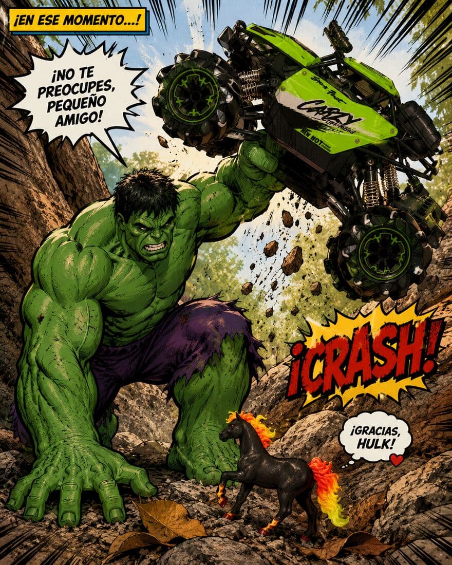 ChatGPT turned the photo into a comic panel featuring the Hulk, the toy car, and the horse