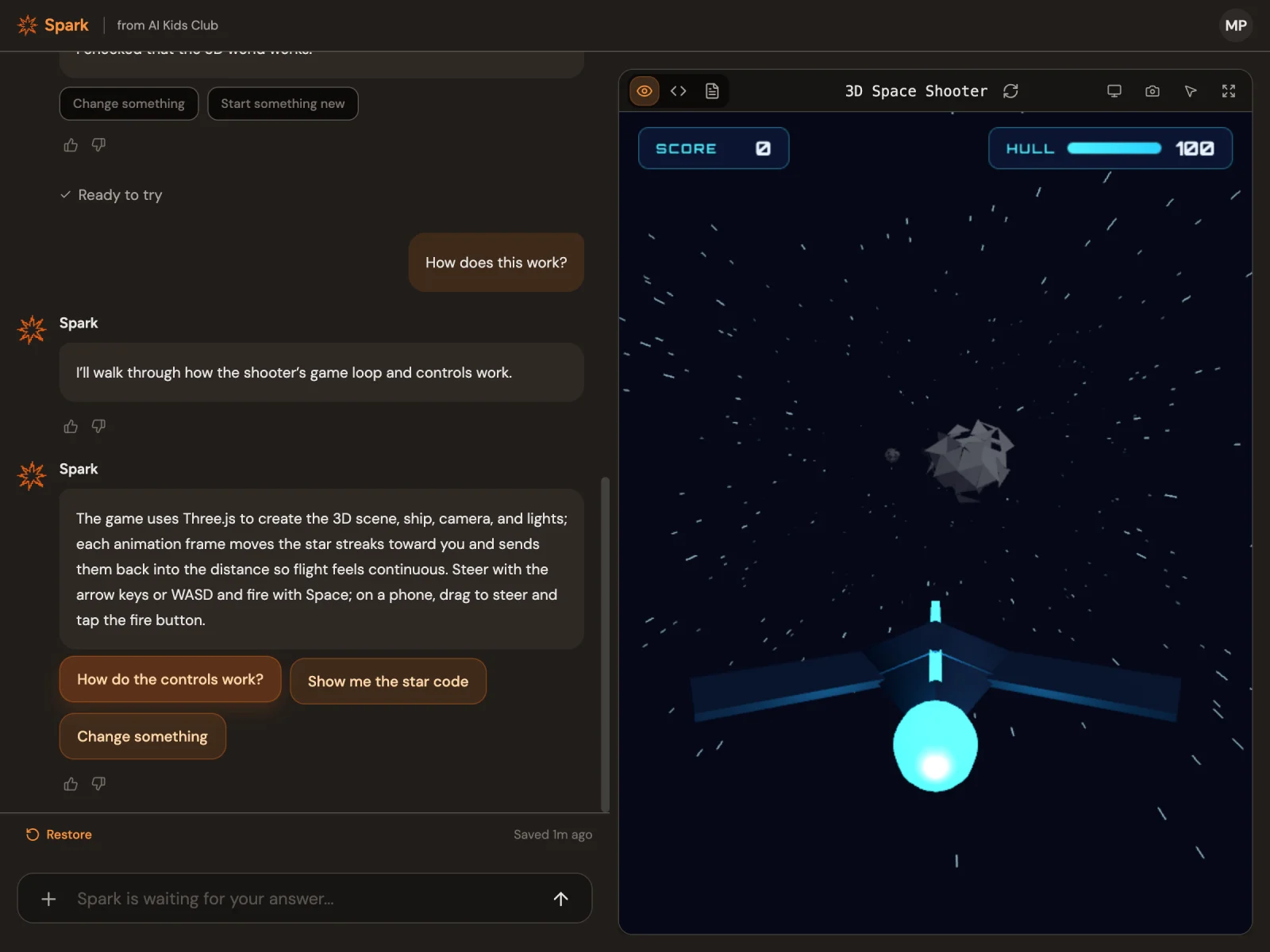 The Spark workspace: a student asks how their 3D space game works, Spark explains the code, and the game runs beside the chat