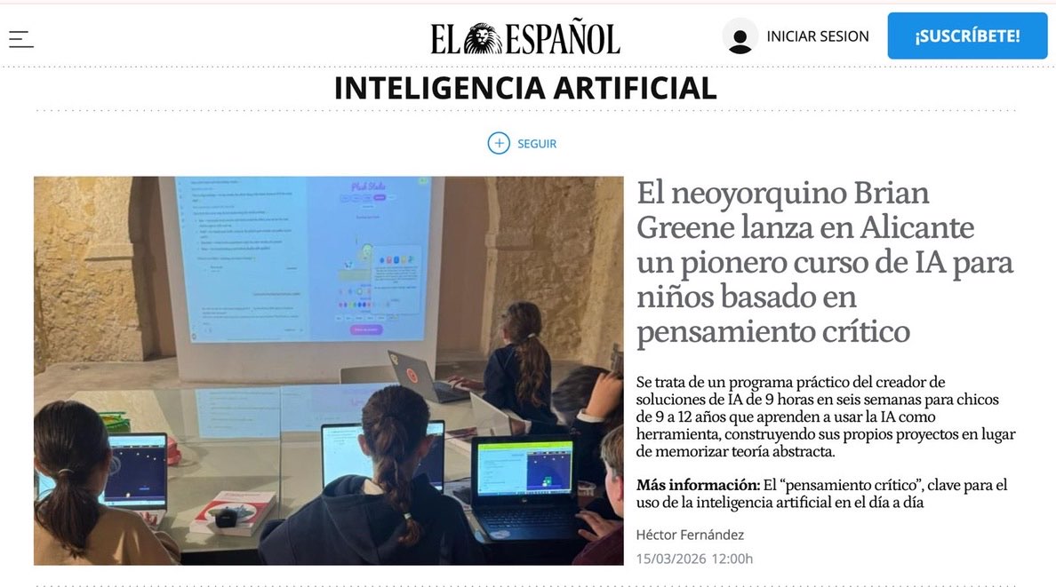 Artículo de El Español sobre AI Kids Club en Alicante, con una foto de la clase construyendo proyectos en Torre Juana