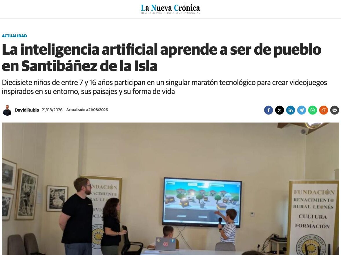 The La Nueva Crónica article about the AI Kids Club hackathon in Santibáñez de la Isla, showing the headline and David Rubio's byline