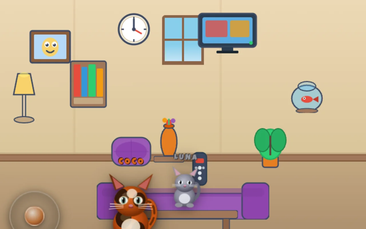 The room level of the Crazycat game running, with two cats on a sofa, a clock and a window