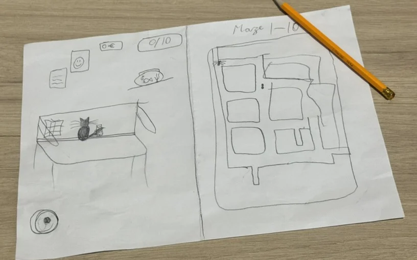 The finished pencil plan on one sheet: a room with a cat on a sofa on the left, a maze labelled Maze 1-10 on the right