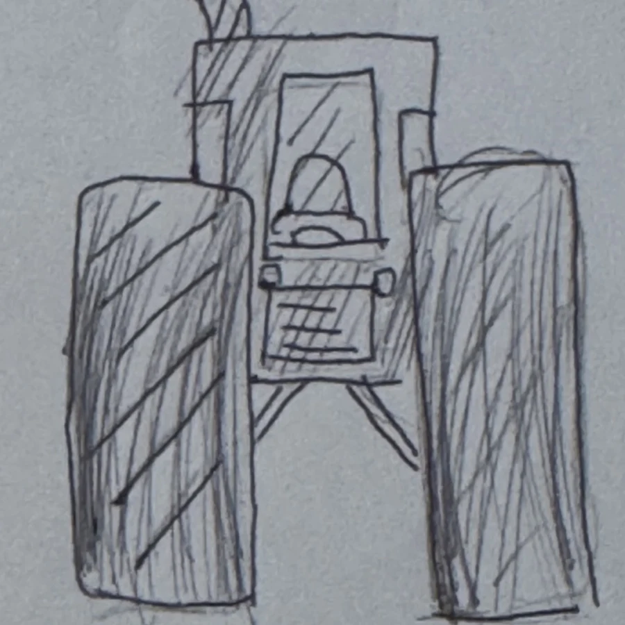 A tractor drawn in pencil: two big wheels, a cab with a driver in it, a grille and an exhaust stack