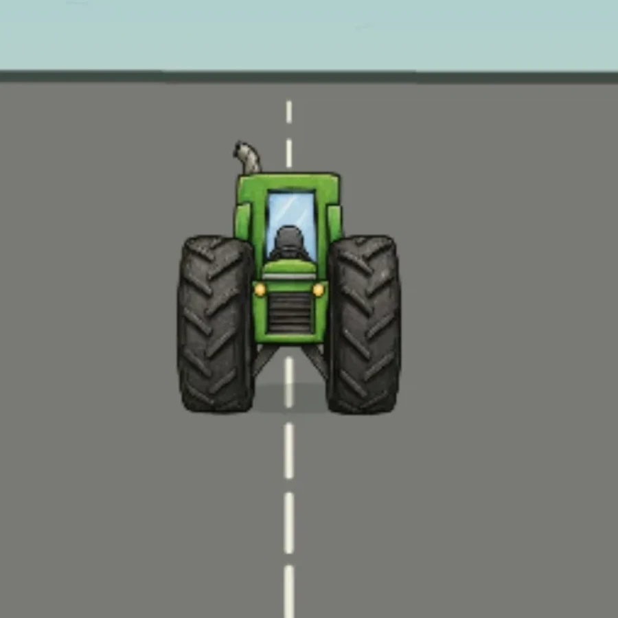 The same tractor in Viaje a la Isla, green, coming down the road at the rider